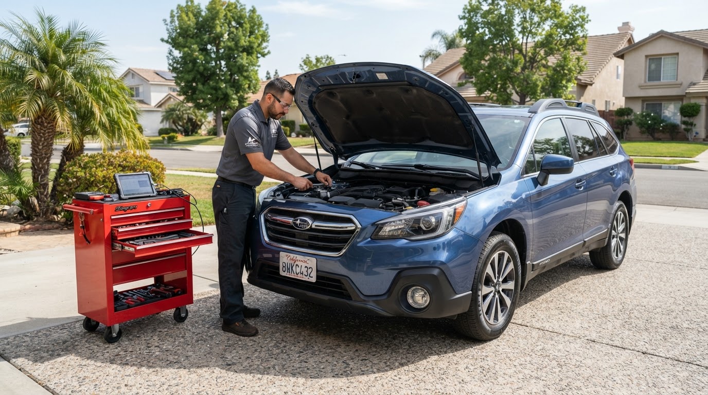Mobile mechanic with toolbox and diagnostic equipment beside a customer car in Temple City, California