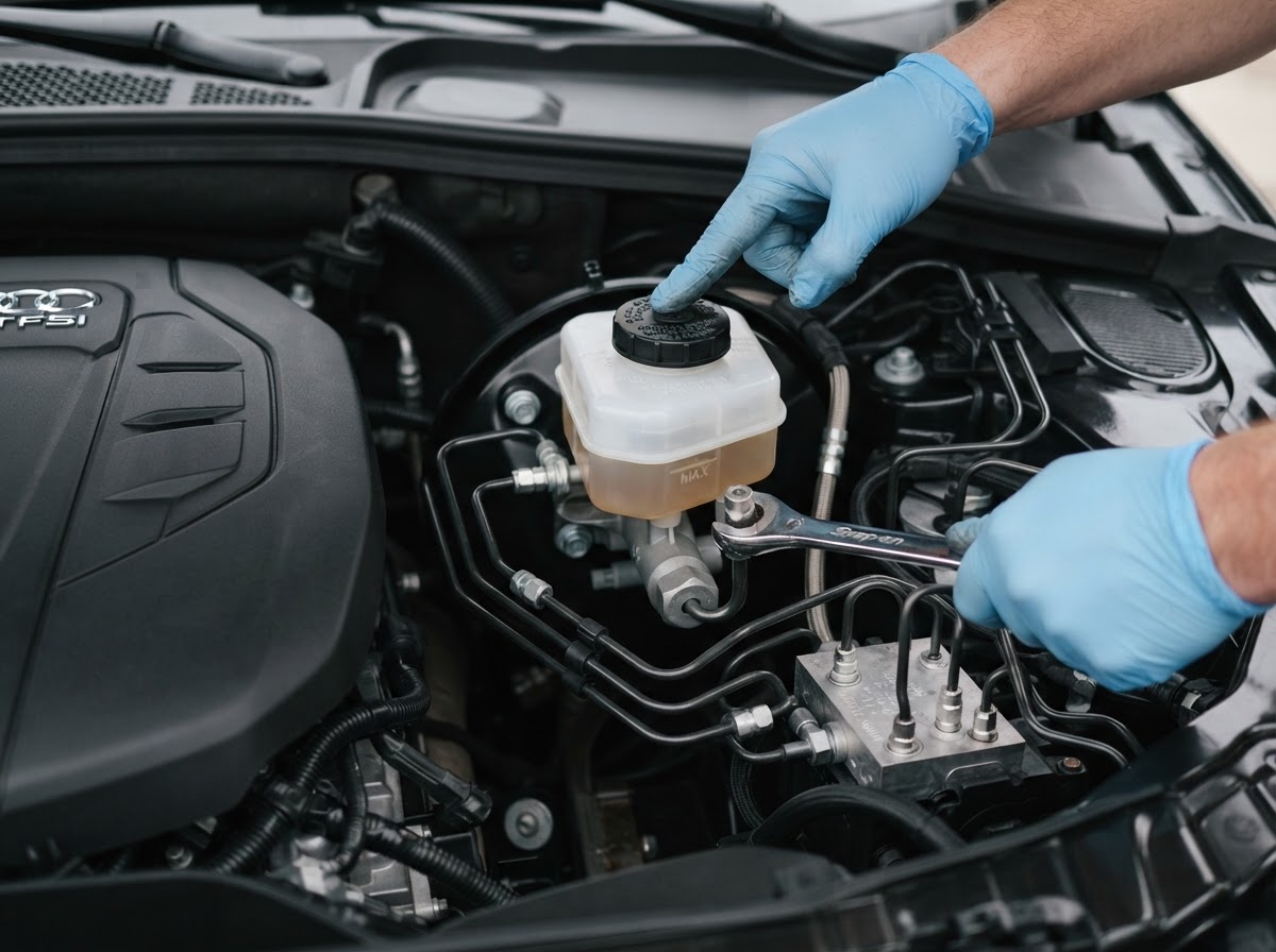Brake fluid reservoir and lines checked during a braking system evaluation in Temple City