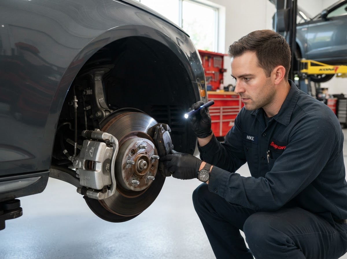 Mechanic investigating a brake squealing noise on a car wheel in Temple City
