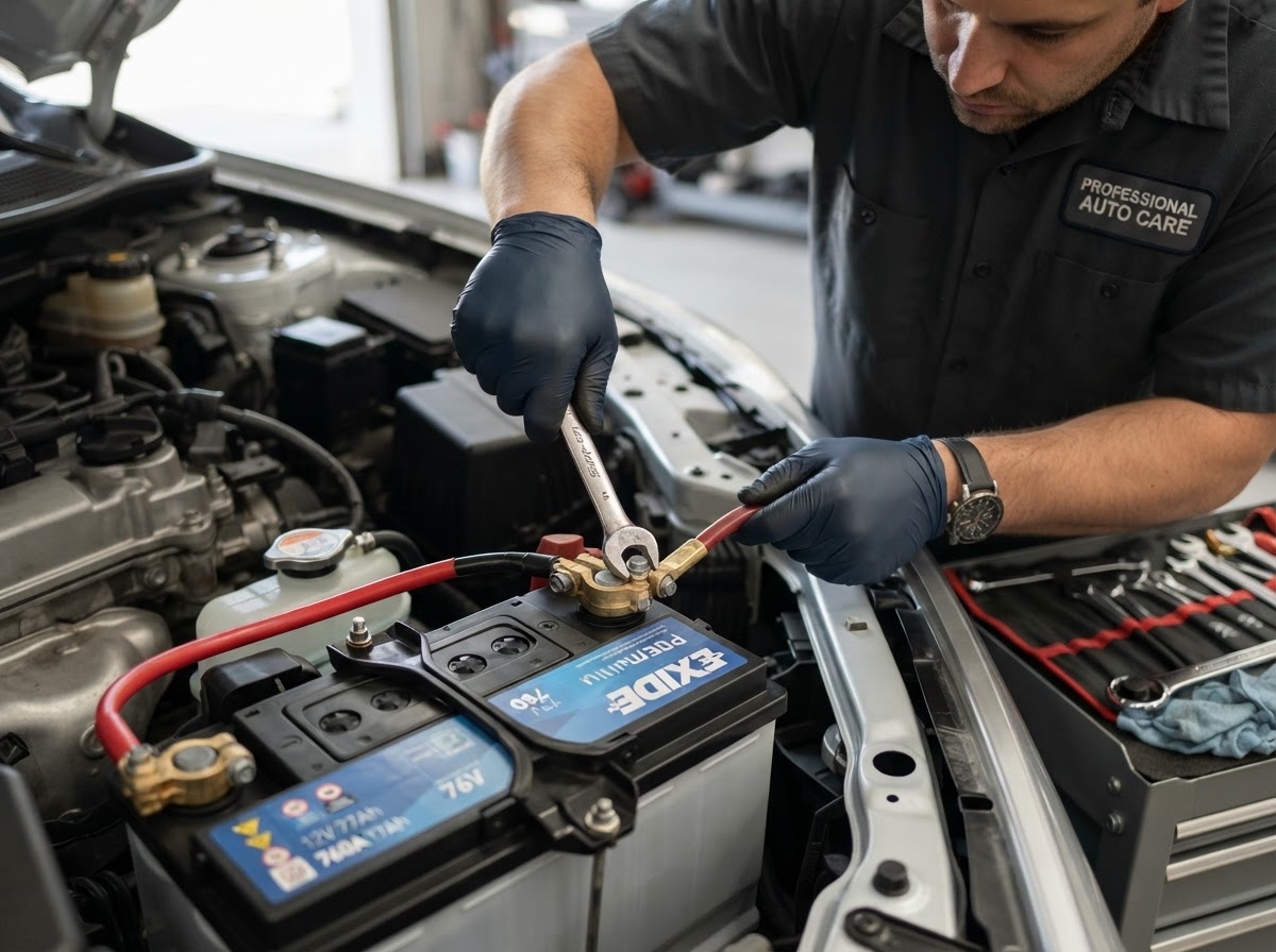 Mechanic cleaning and tightening car battery cable terminals and ground connections in Temple City
