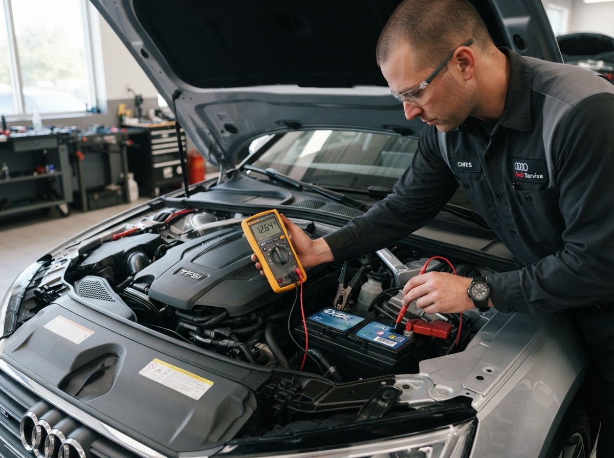 Mechanic testing a car battery and charging system with a multimeter under the hood in Temple City
