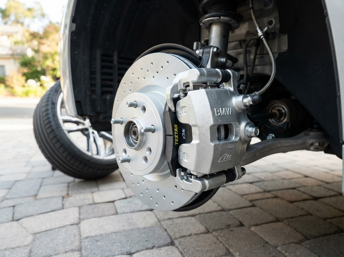Mechanic installing new brake pads and rotors on a car wheel during mobile brake repair in Temple City