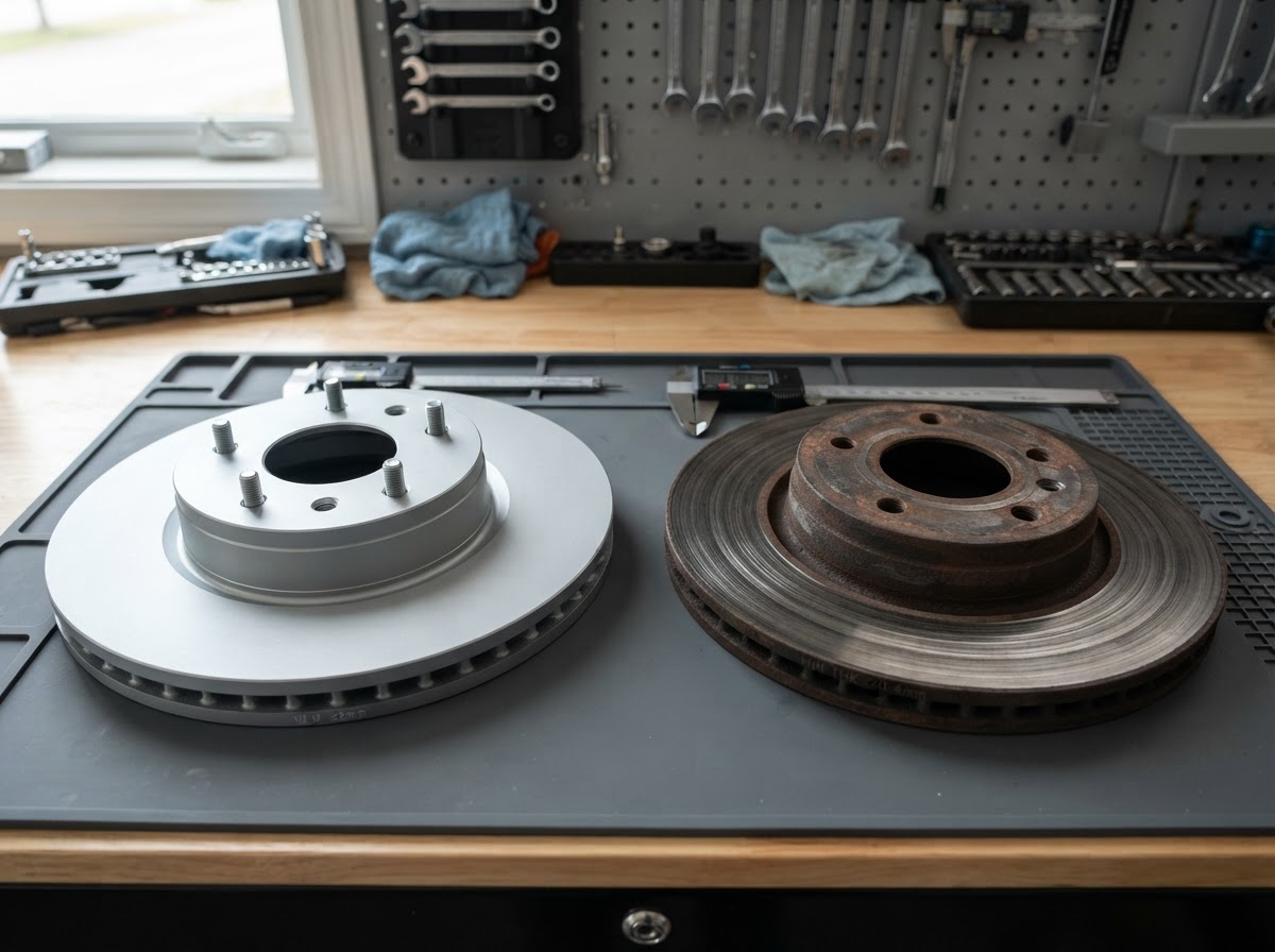 New and worn brake rotors compared during rotor replacement work on a vehicle in Temple City