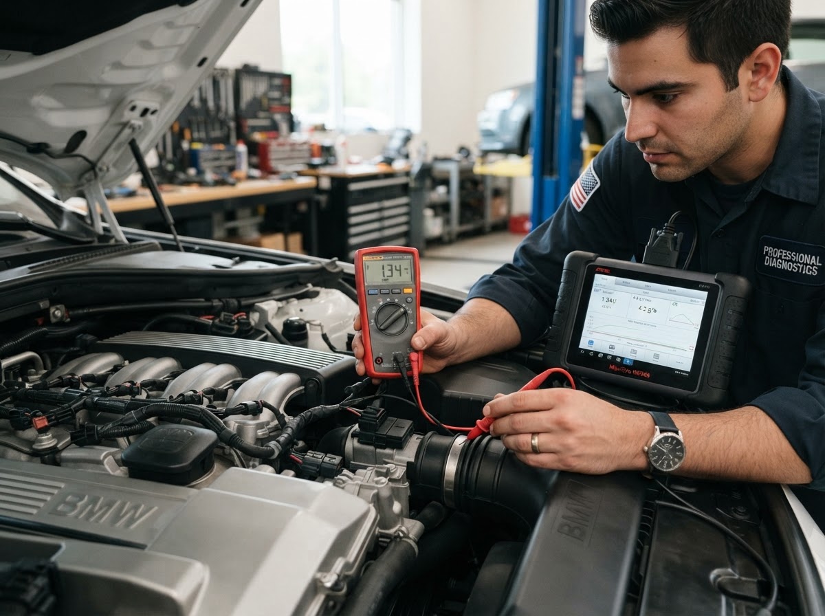 Mechanic testing a car sensor with a multimeter and scanner on the engine in Temple City
