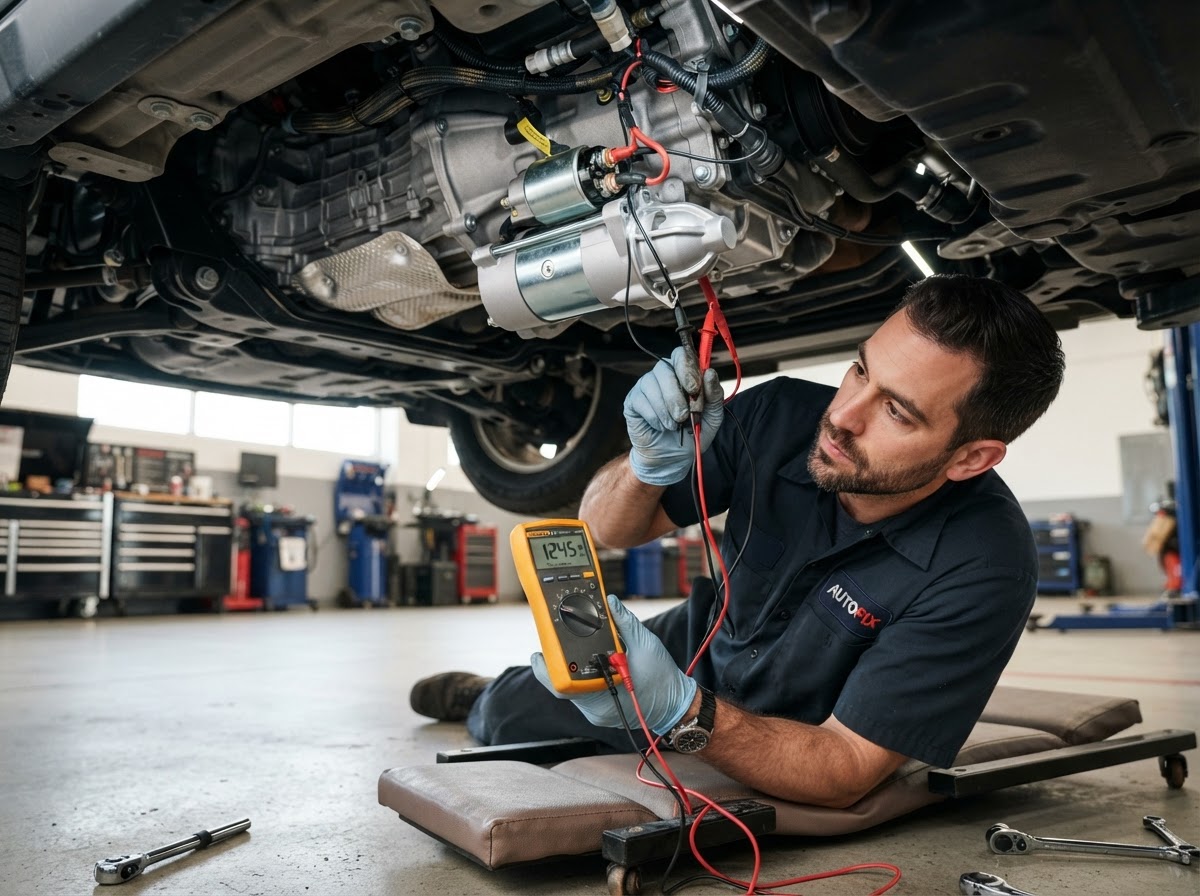 Mechanic evaluating a starter circuit and motor under a vehicle in Temple City