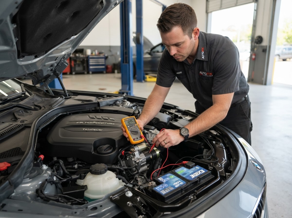 Mechanic testing a car that will not start near the battery and starter in Temple City