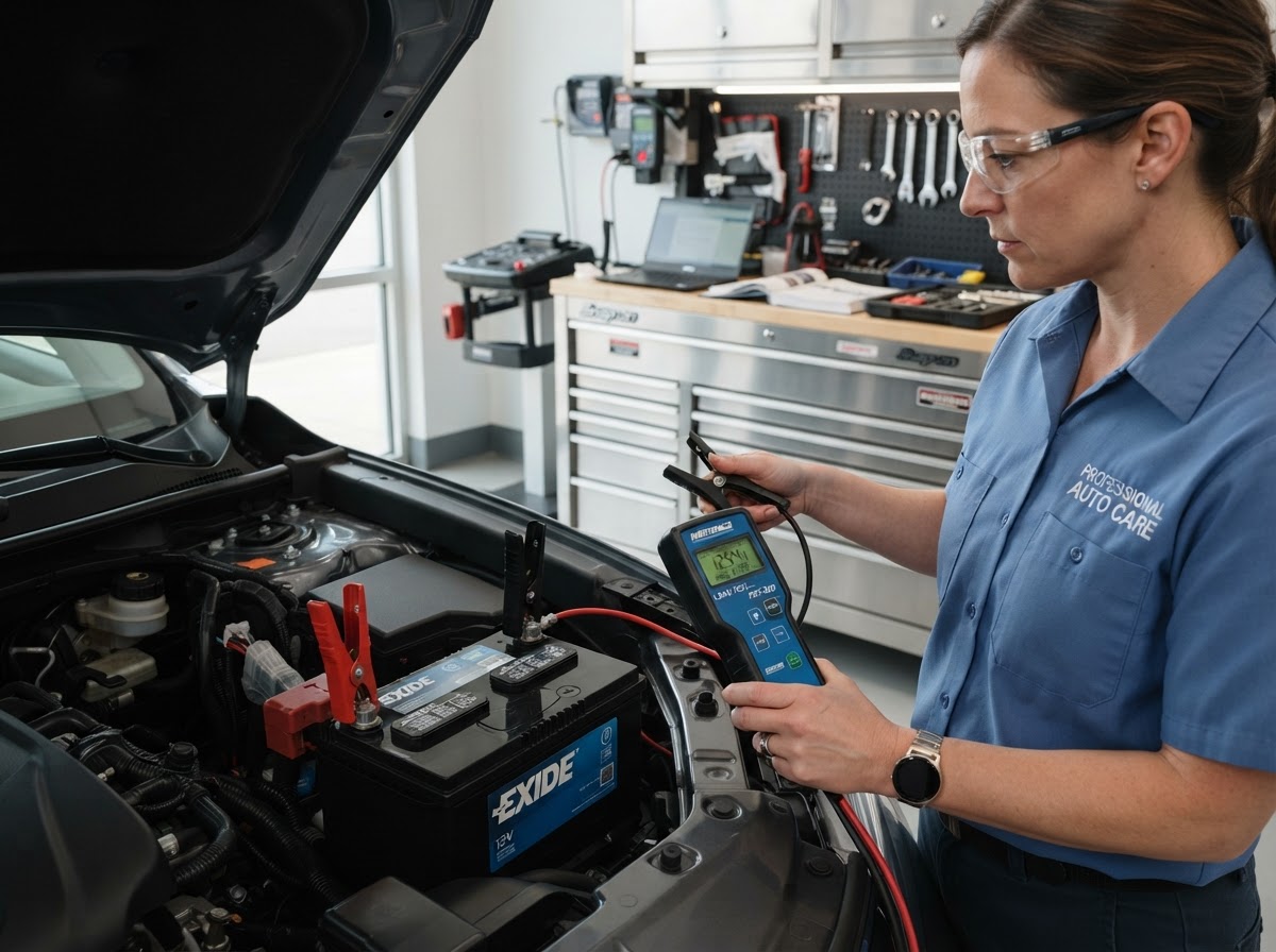Mechanic performing a battery condition test with a digital load tester on a car battery in Temple City
