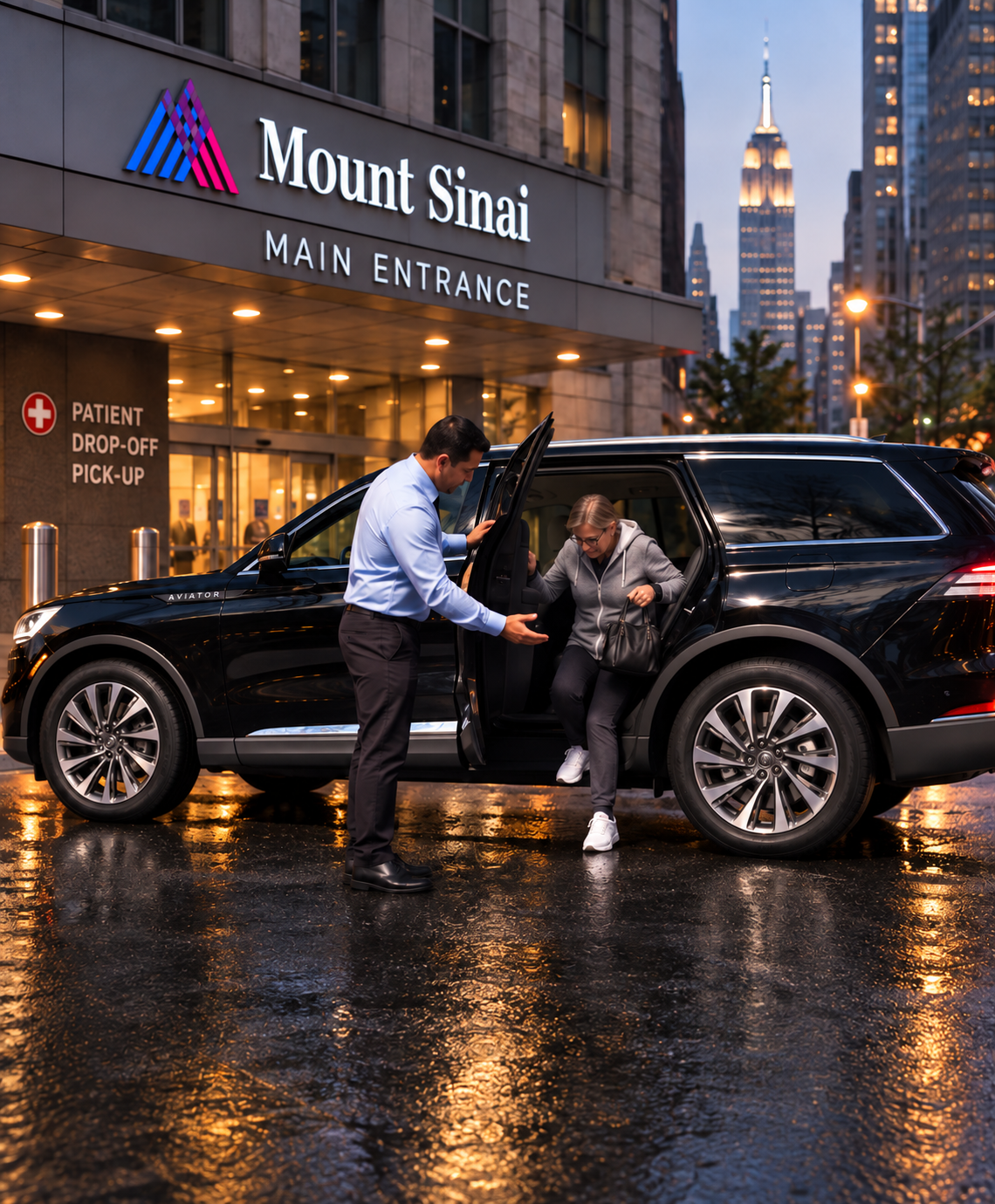 Ivan chauffeur assisting patient out of Lincoln Aviator at Mount Sinai Main Entrance