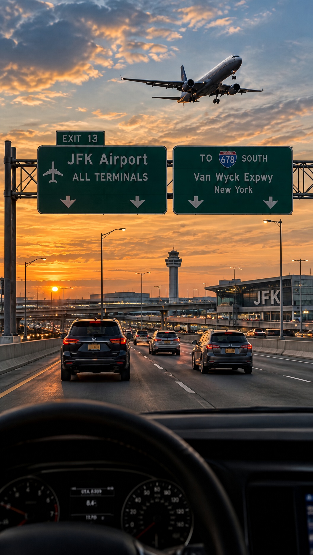 Van Wyck Expressway approaching JFK Airport with airplane landing at sunset