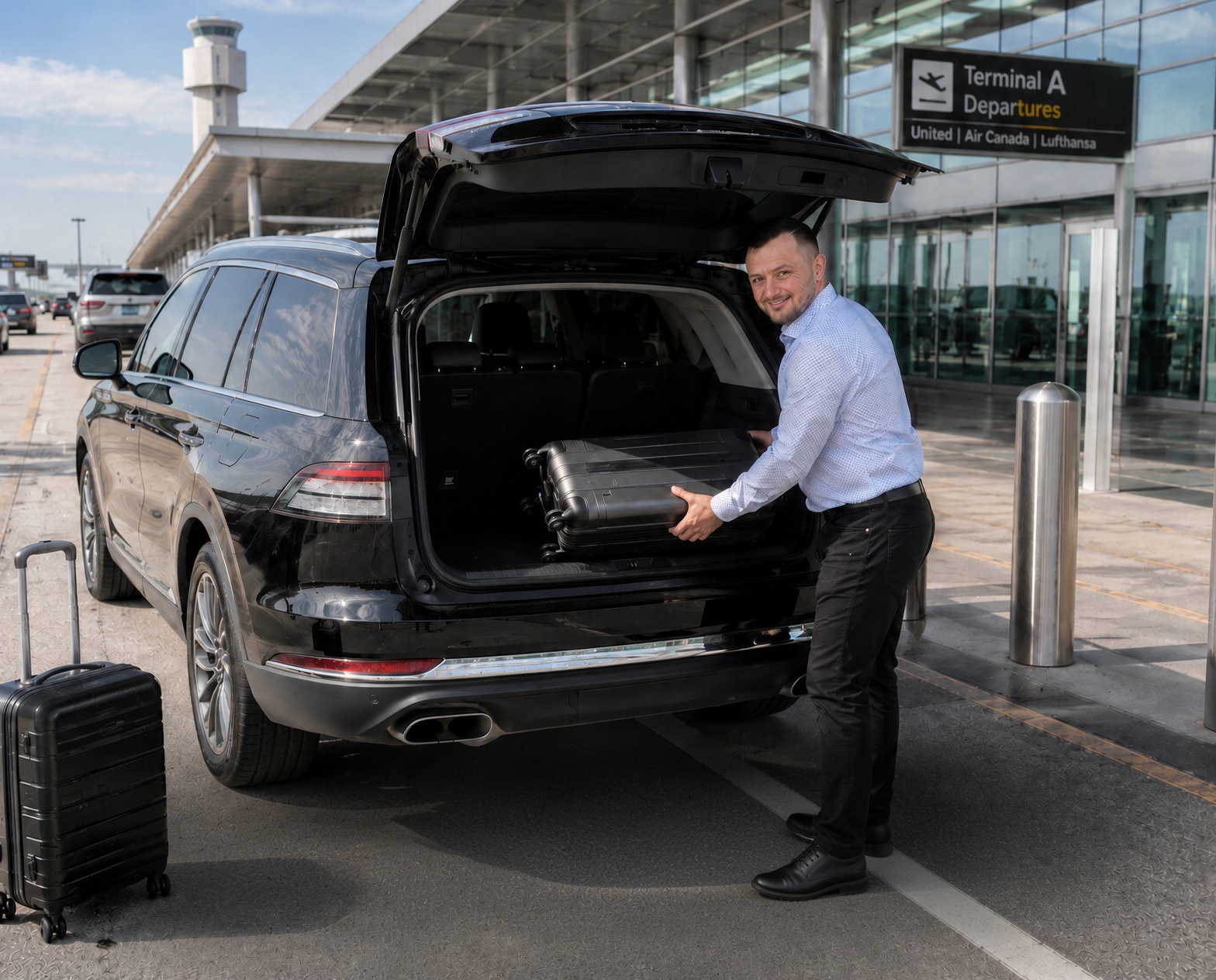 Ivan loading suitcase into luxury SUV at Newark Airport Terminal A Departures