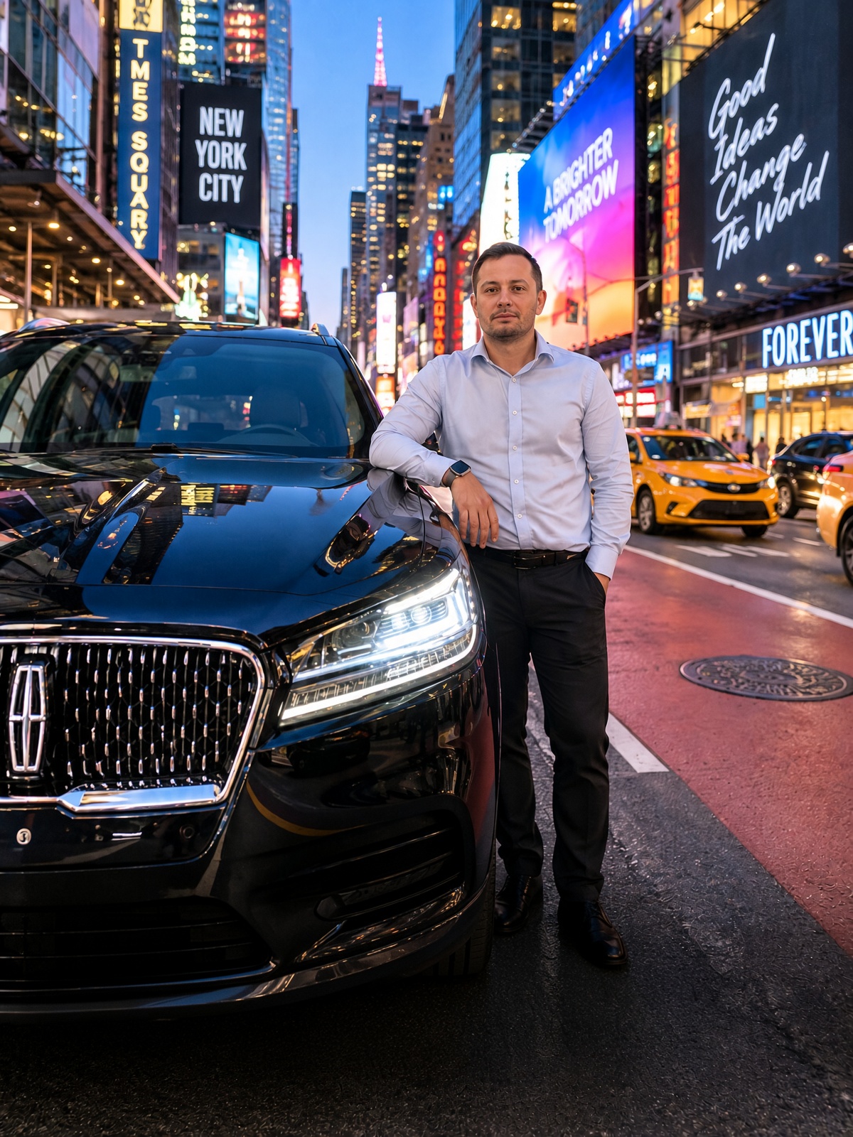 Ivan standing with luxury Lincoln Aviator under bright neon lights of Times Square New York City at night