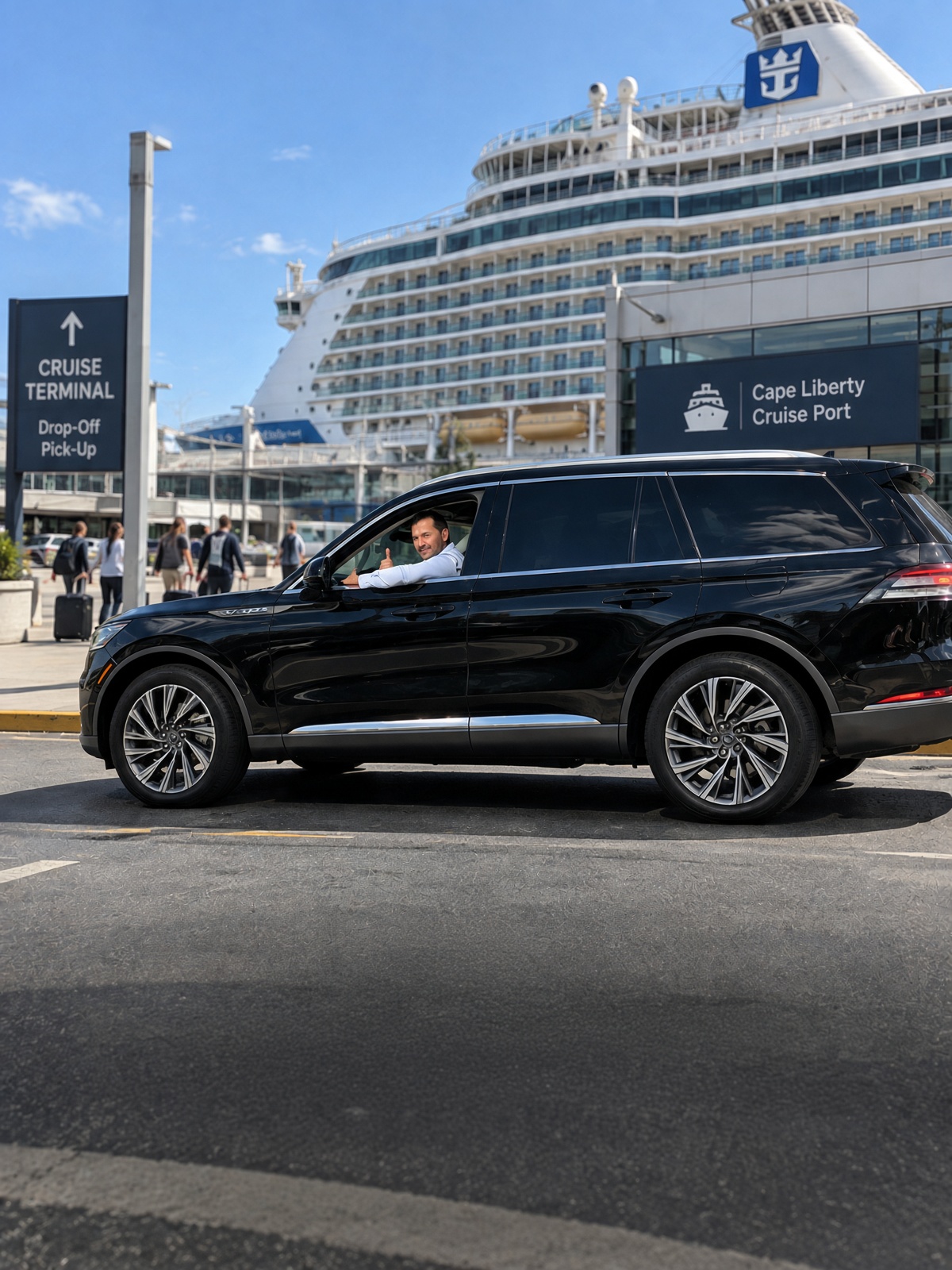 Ivan driving Lincoln Aviator giving thumbs up outside Cape Liberty Cruise Port terminal
