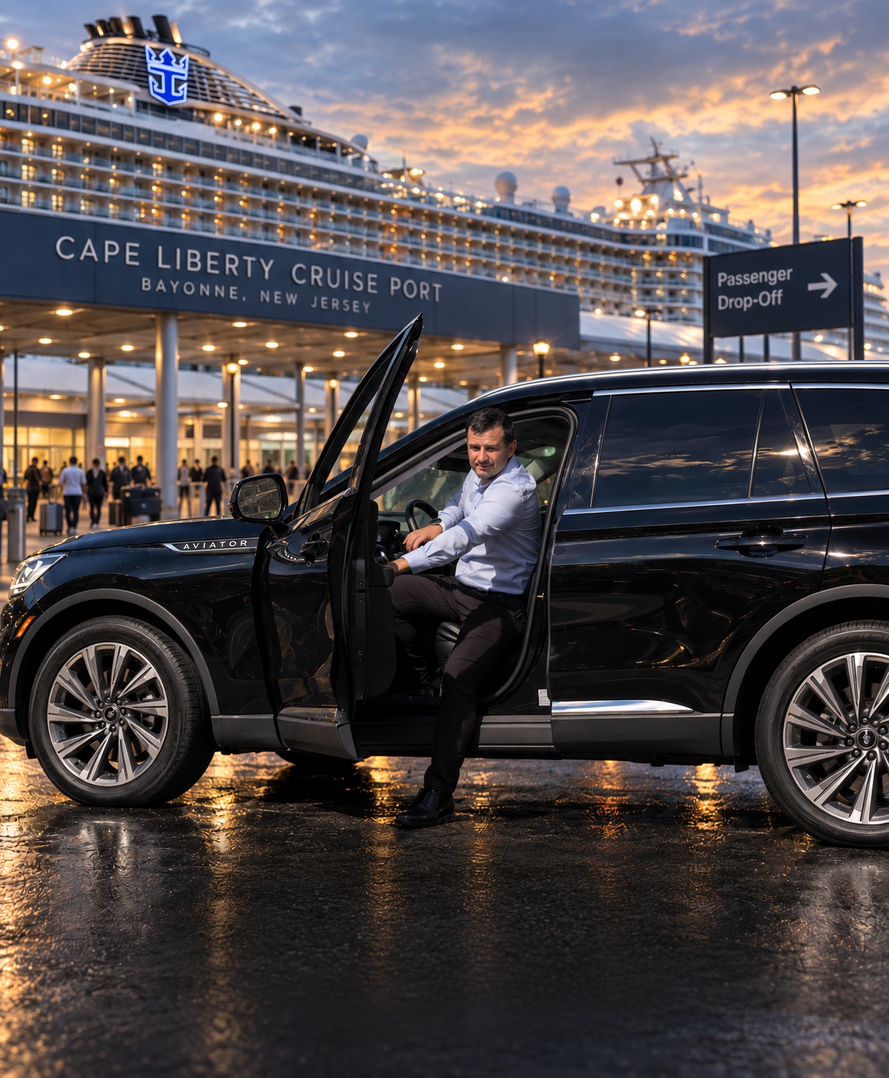 Ivan parked in Lincoln Aviator at Cape Liberty Cruise Port with Royal Caribbean cruise ship