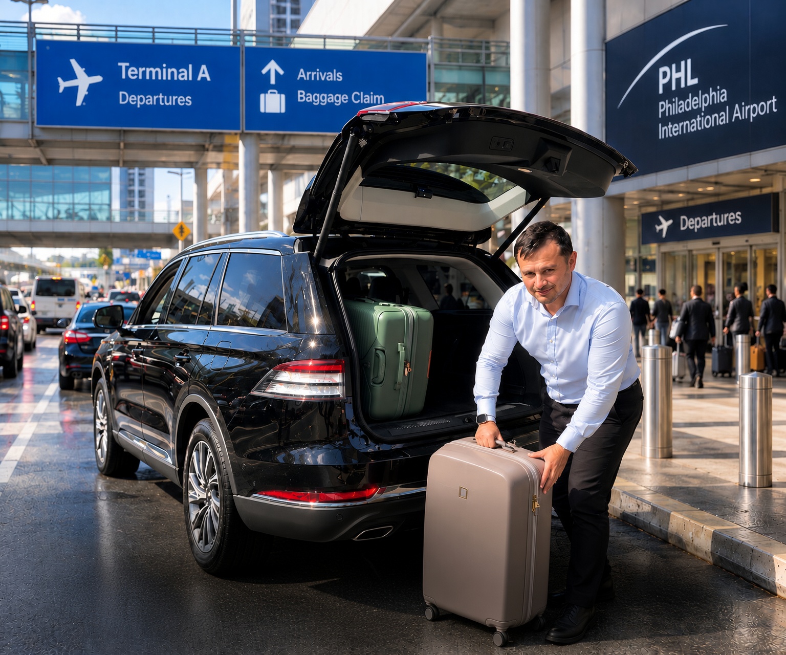 Ivan loading luggage outside Philadelphia International Airport PHL Terminal A departures