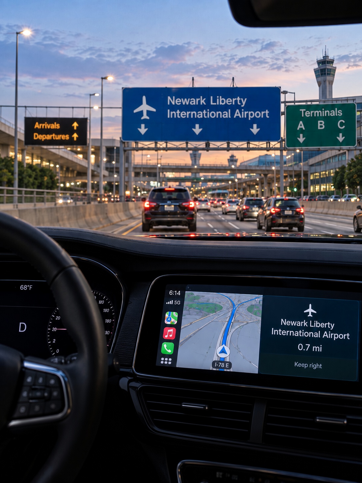 View through windshield approaching Newark Liberty International Airport with dashboard GPS navigation