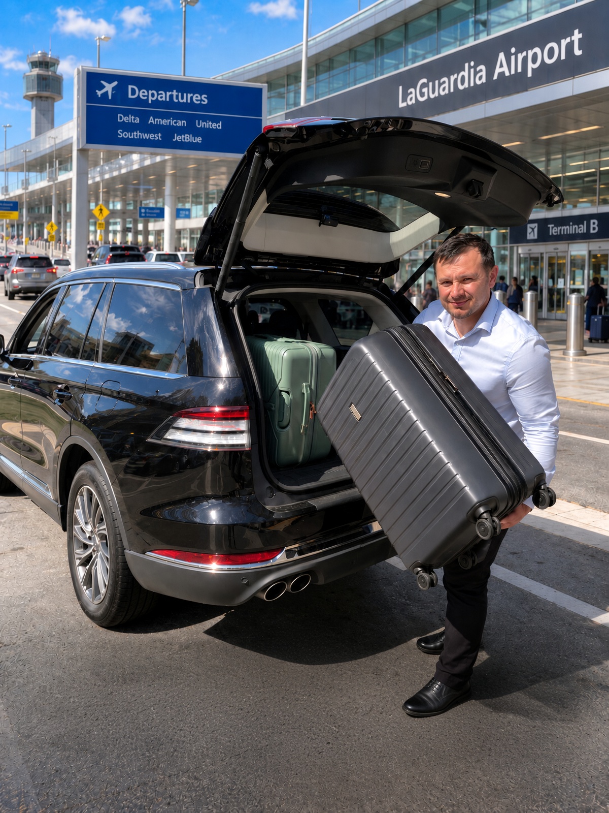 Ivan loading luggage into luxury SUV at LaGuardia Airport Terminal B departures