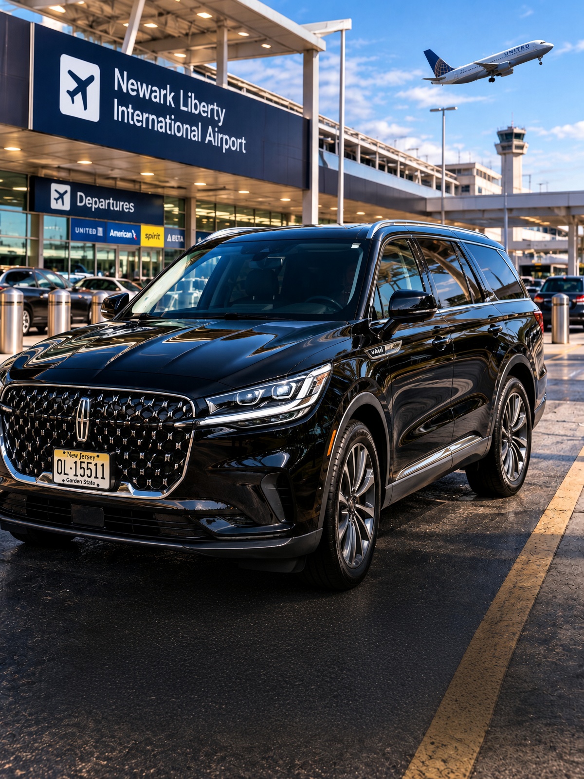 Ivan Lincoln Aviator parked outside Newark Liberty International Airport departures terminal with United airplane overhead