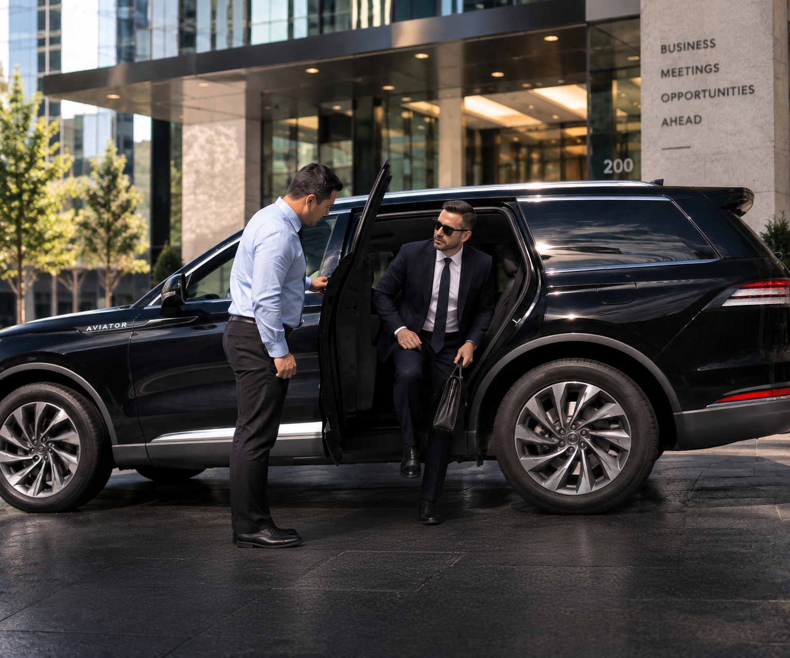 Ivan chauffeur greeting corporate executive passenger exiting Lincoln Aviator at business center