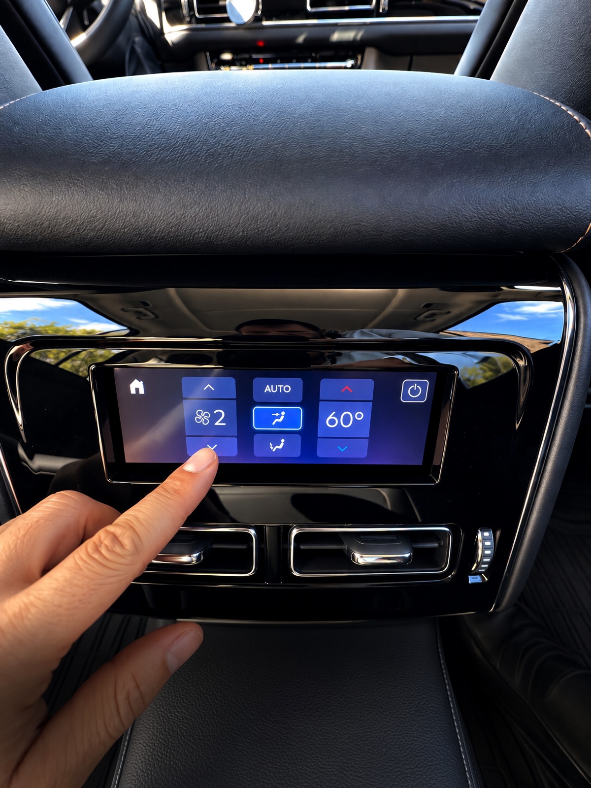 Passenger adjusting the rear touchscreen climate controls inside Lincoln Aviator