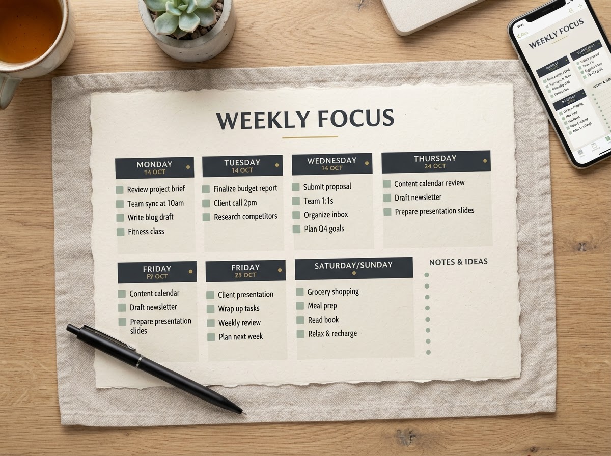 Concept sample page showing weekly planning from the 30-Day Social Media Content Planner