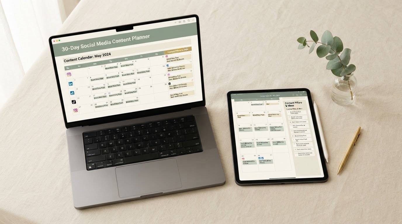 Polished mockup of the LaunchKit 30-Day Social Media Content Planner displayed on a laptop and tablet