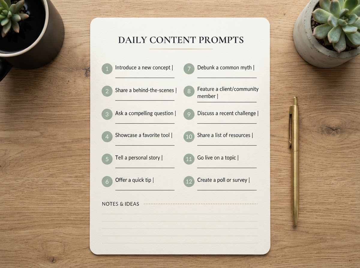Concept sample page showing daily content prompts from the 30-Day Social Media Content Planner