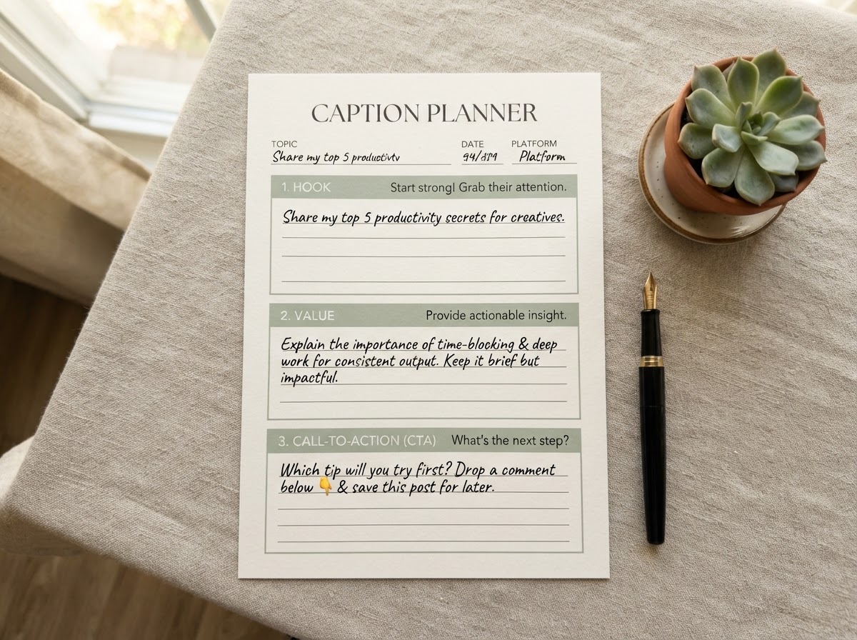 Concept sample page showing caption planner from the 30-Day Social Media Content Planner