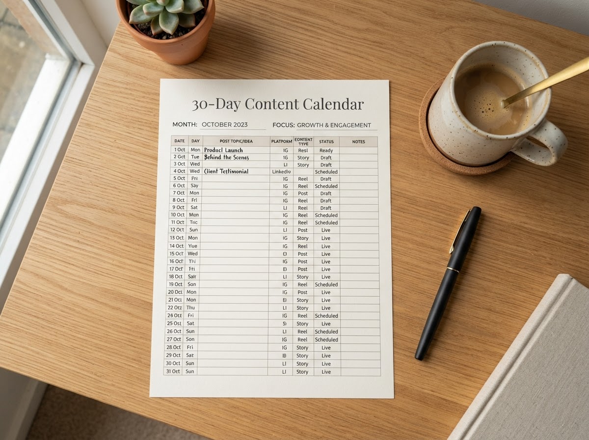 Concept sample page showing 30-day content map from the 30-Day Social Media Content Planner