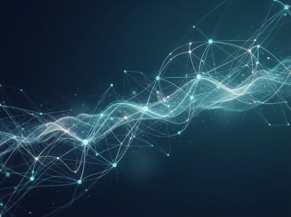 Abstract visualization of automated customer communication: flowing light trails and connected nodes forming an intelligent network.