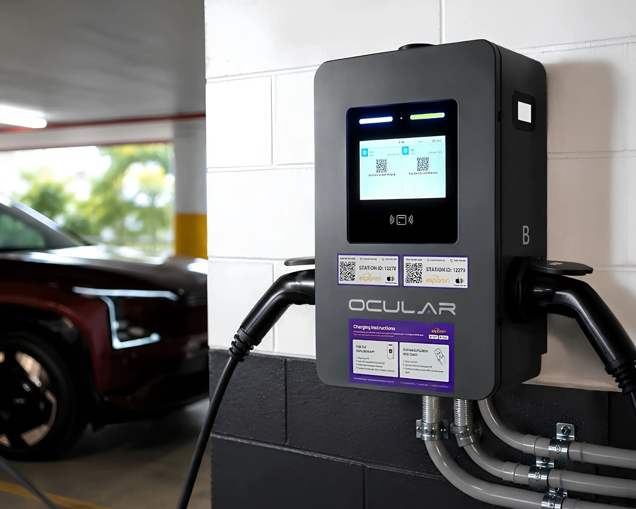Ocular commercial smart dual EV charging station installed by Watts Next Electrical with digital display and billing integration