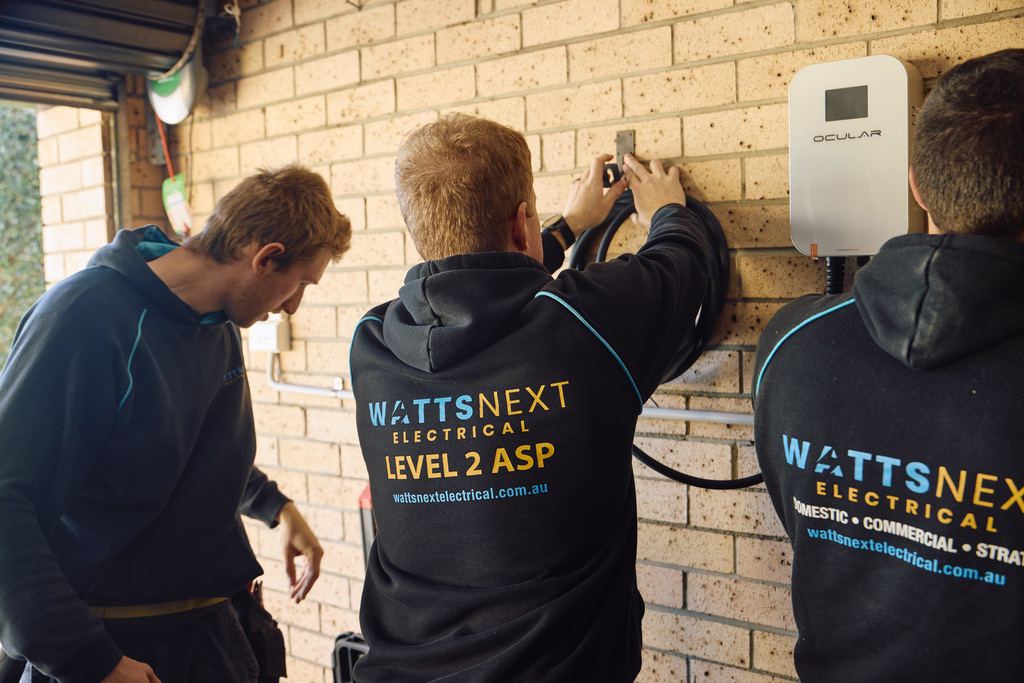 Watts Next Electrical Level 2 ASP electricians installing an Ocular smart EV charger