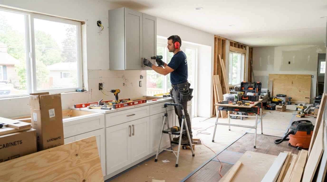 A modern home renovation in progress with a construction worker installing new cabinetry and building materials nearby, representing using home equity funds for property improvement.