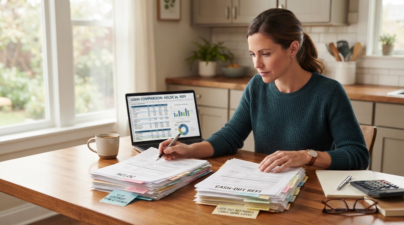 A person sitting at a kitchen table comparing two stacks of mortgage loan documents side by side with a laptop open, representing the decision between a HELOC and a cash-out refinance.