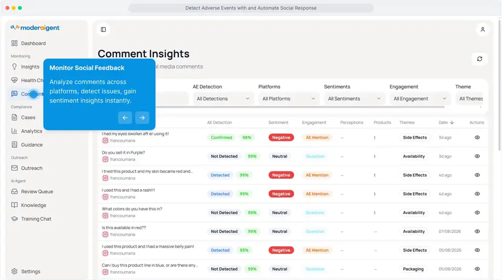 Moderaigent comment insights and adverse event detection interface