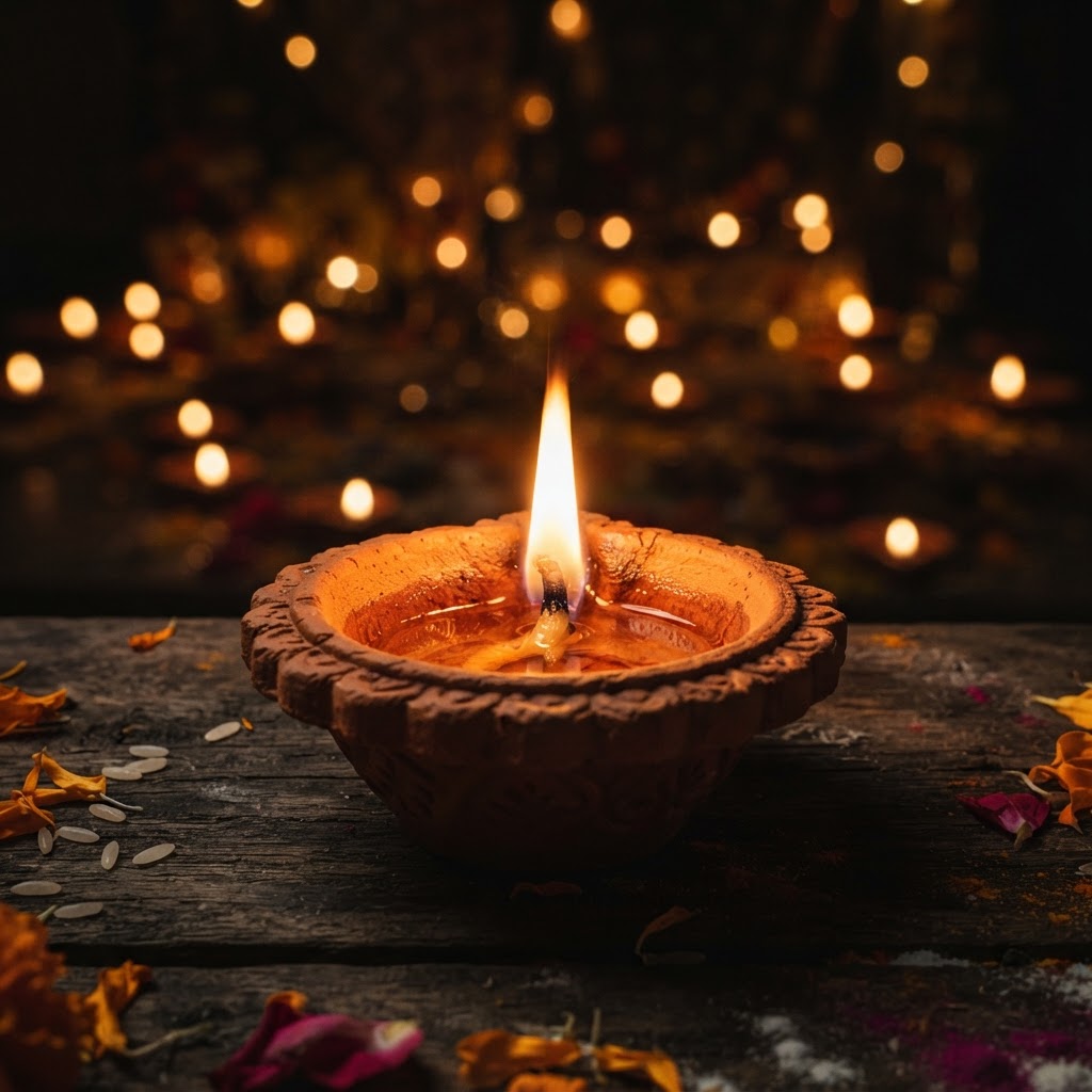 A single lit diya glowing warm amber, close-up