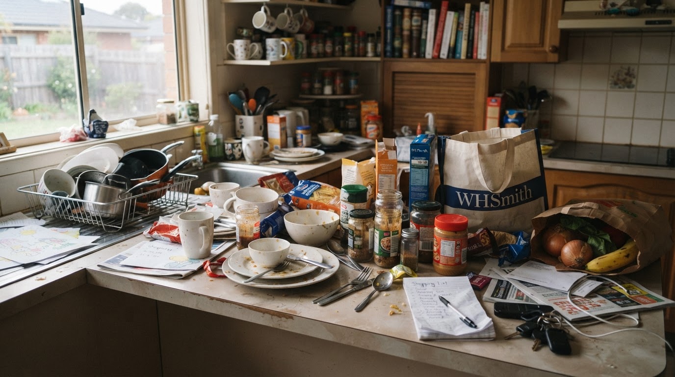 A cluttered, messy family kitchen bench piled with everyday chaos