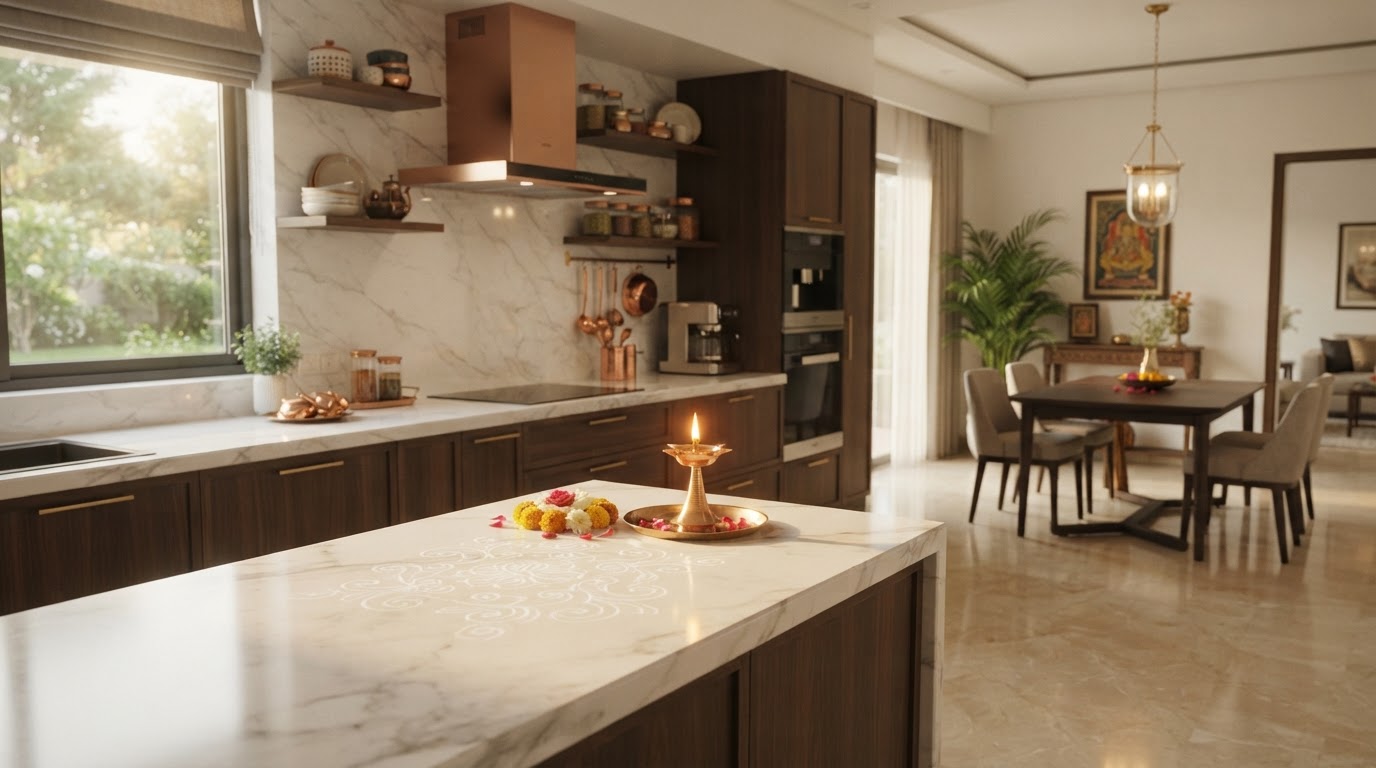 A beautifully clean, warm Indian home interior with a lit diya on a marble benchtop