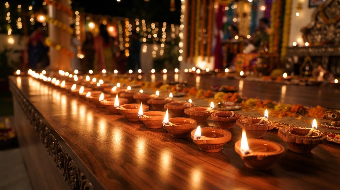 A row of lit diyas glowing warm amber and gold