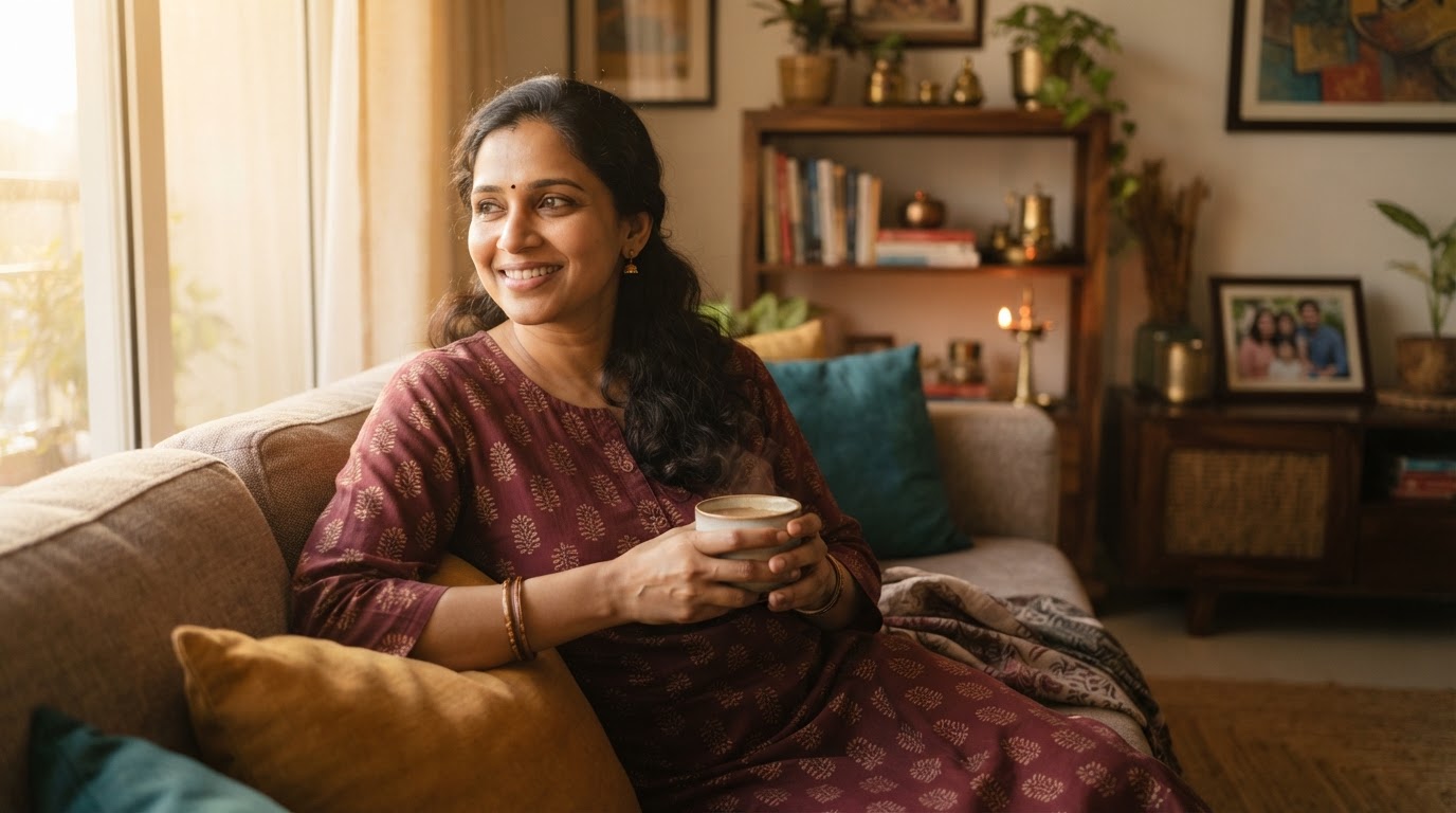 An Indian woman relaxed at home with a cup of chai, a clean warm home behind her