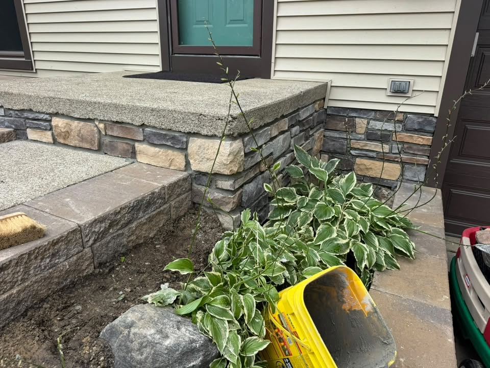 Stacked Stone Porch Steps & Hostas Garden Border