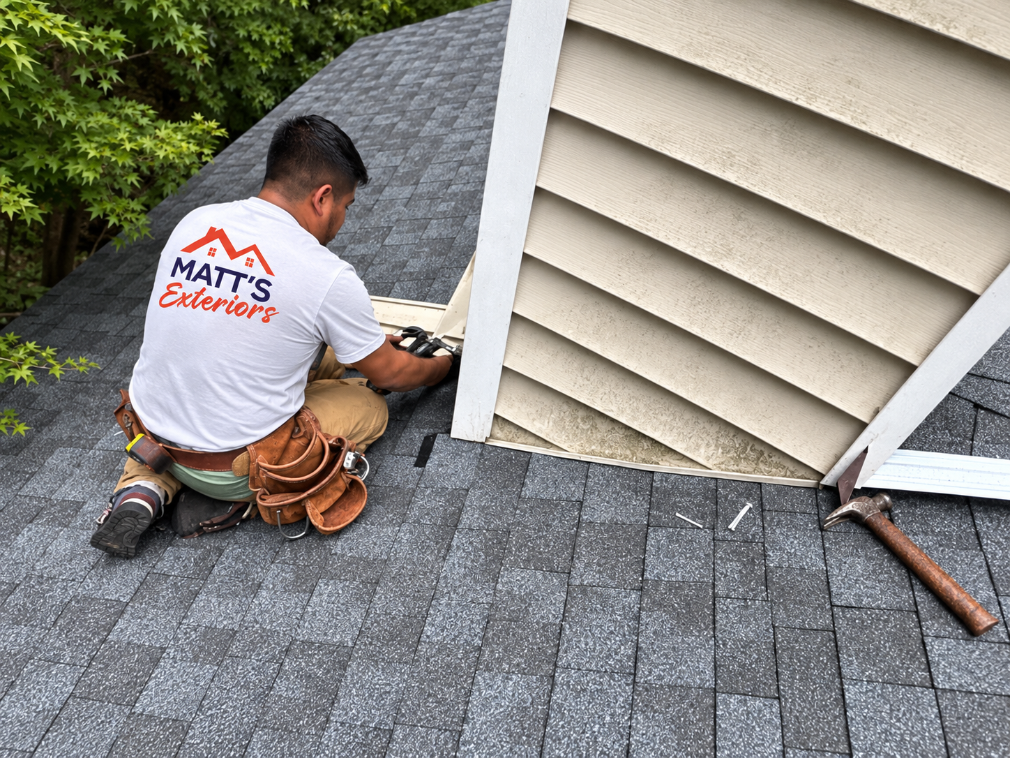 Matt's Exteriors roofer repairing a roof leak in Peachtree City GA