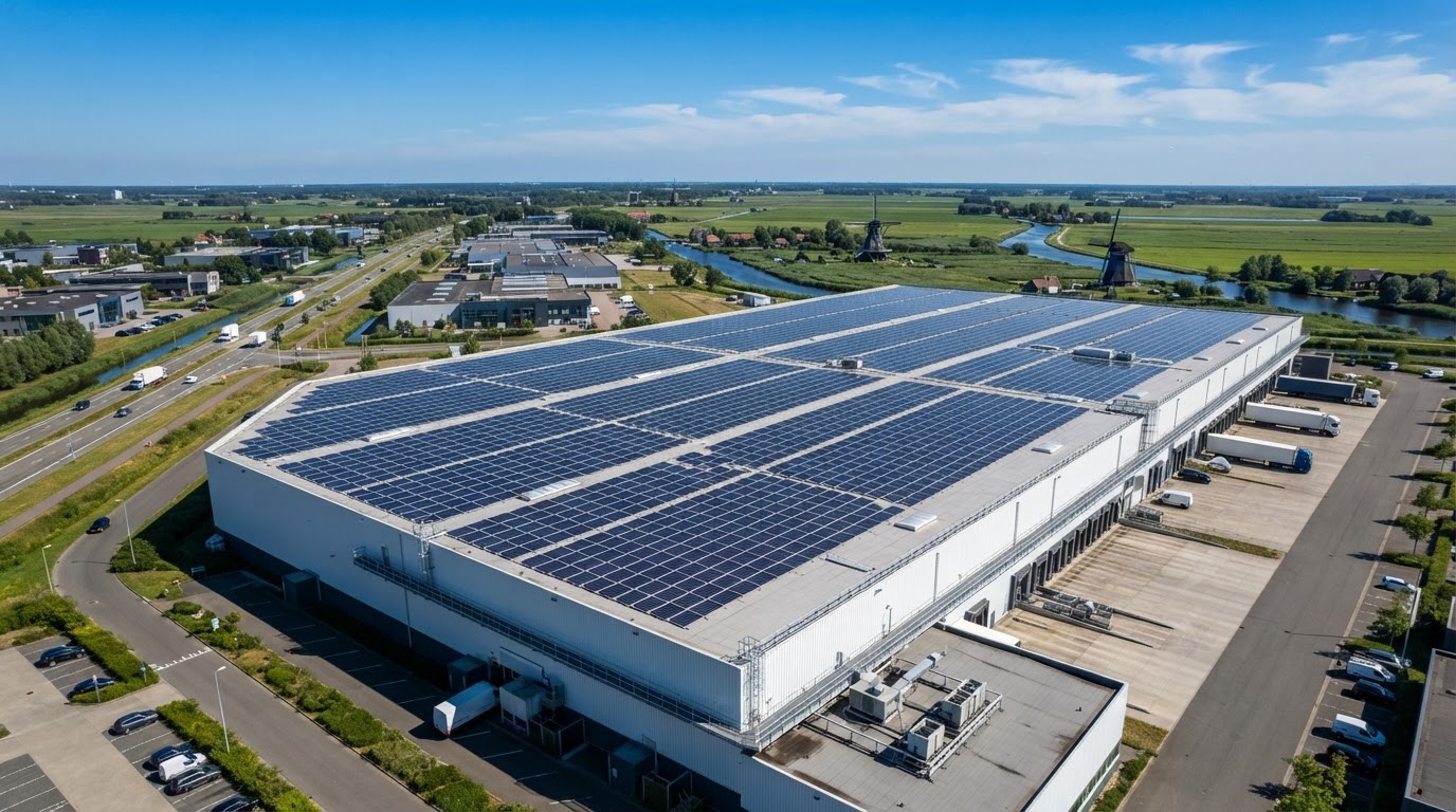 Grote zonnepaneleninstallatie op bedrijfsdak