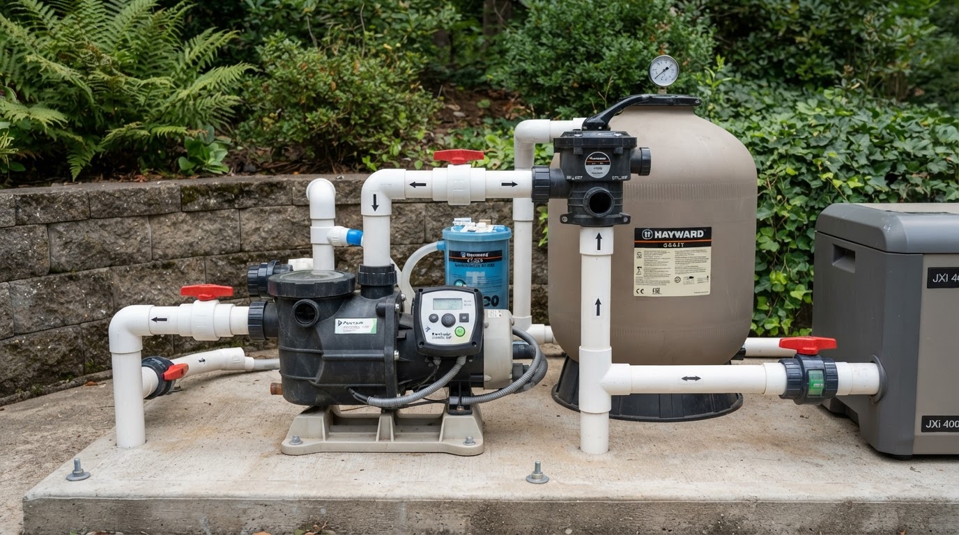Close-up of a residential pool equipment pad with pump, filter, and pressure gauge