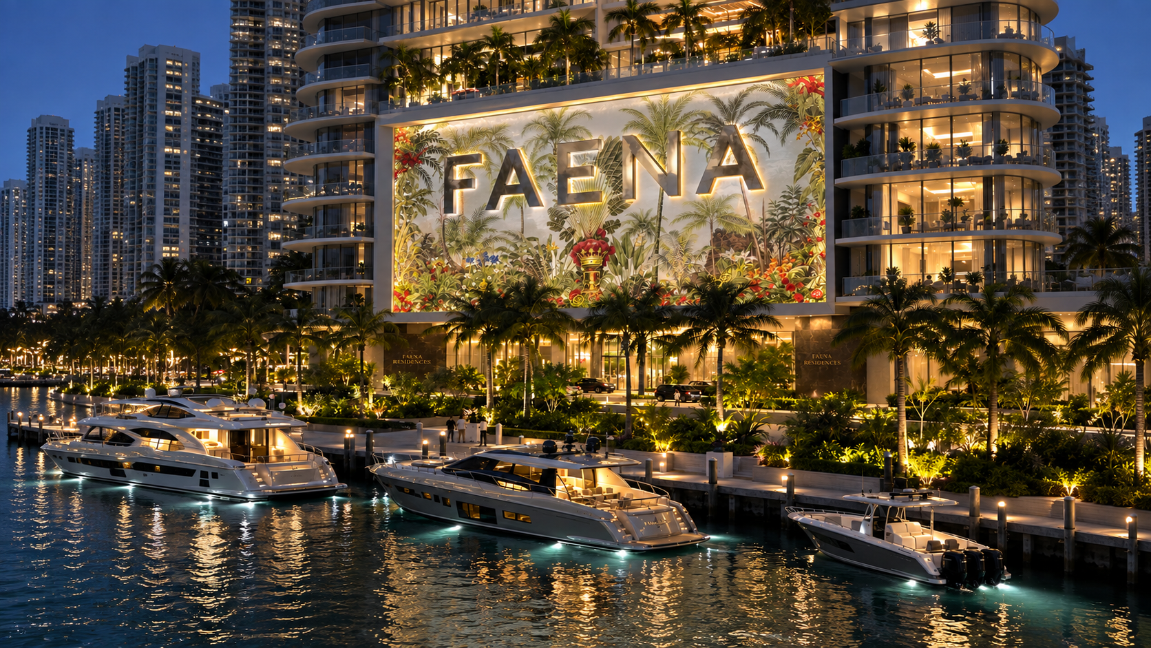 Faena Residences Miami yacht dock at dusk with illuminated yachts and FAENA mural