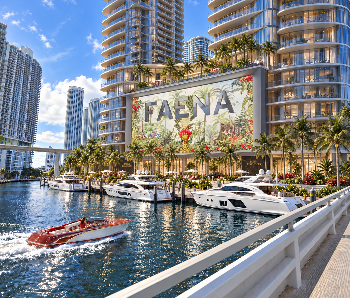 Faena Residences Miami dock with luxury yachts and speed boat on Miami River