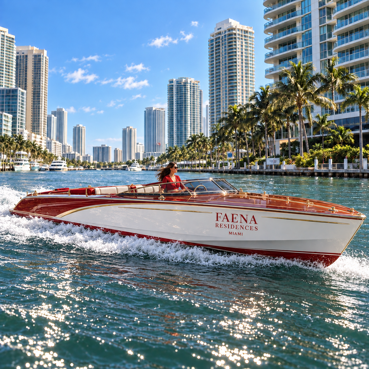 Faena Residences Miami resident water taxi cruising Miami waterways