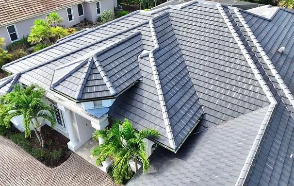 Finished tile roof on a home, aerial view