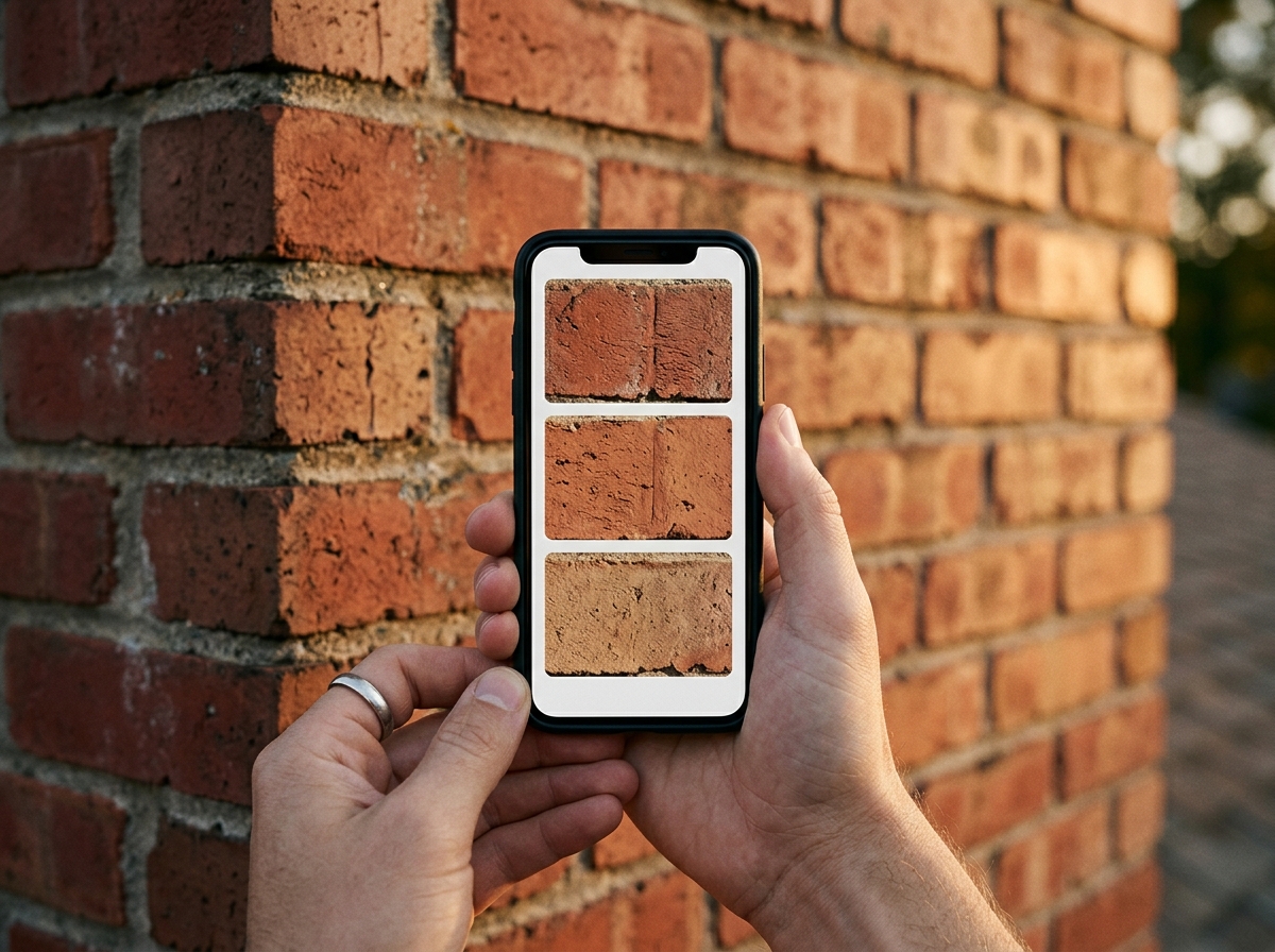 Detail view of contractor phone displaying candidate brick matches held against existing masonry