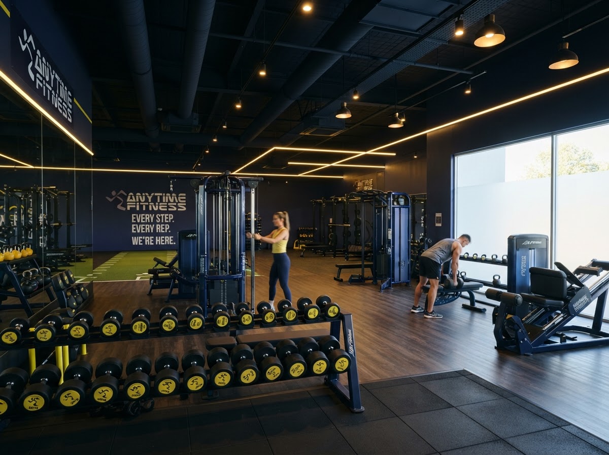 Modern Anytime Fitness training floor with free weights