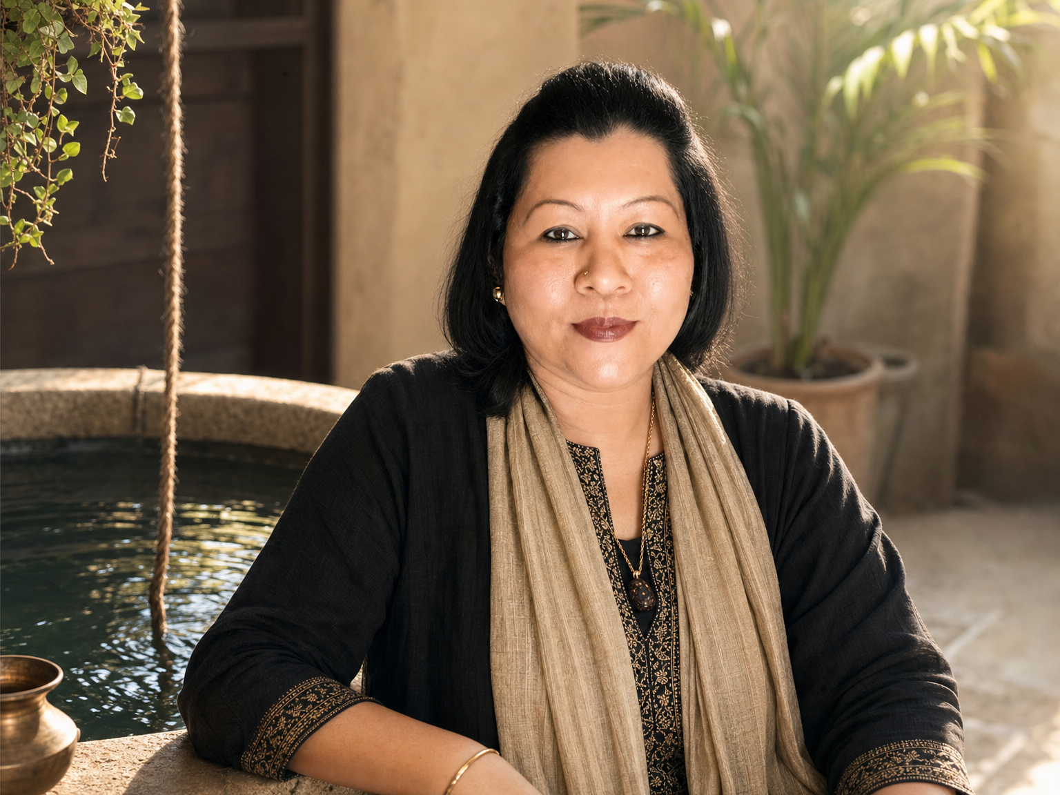 Shilpi Gupta beside a stone well